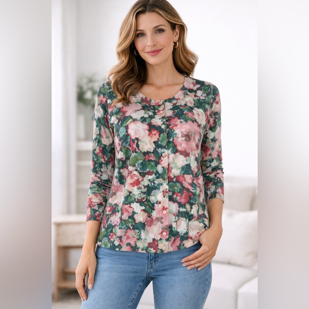 Talbots Garden Party Cardigan M Floral Preppy 3/4 Sleeve Lightweight Sweater